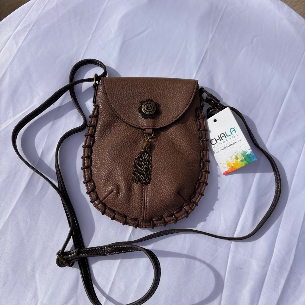 Chala Stone Brown Tassel Mini Small Crossbody Bag Purse measures 8”x 6 1/2